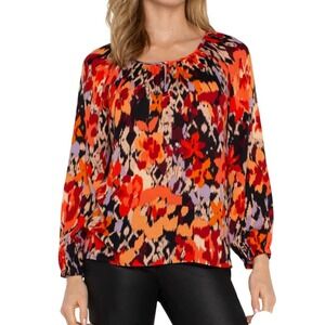 Liverpool Los Angeles XL Orange Abstract Floral Ikat‎ Long Sleeve Blouse Top